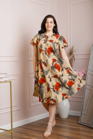Rochie eleganta Penelope cu baza asimetrica si imprimeu floral - Crem cu orange