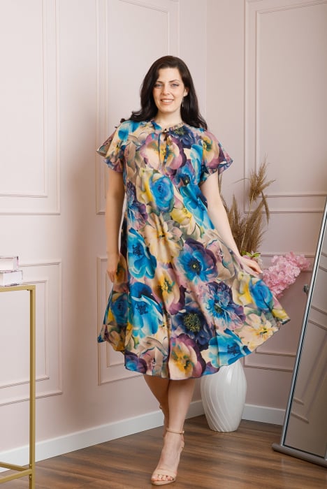 Rochie eleganta Penelope cu baza asimetrica si imprimeu floral - Turcoaz
