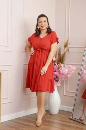 Rochie eleganta Rosalie cu volane si cordon in talie - Caramiziu