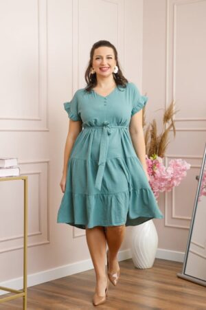 Rochie eleganta Rosalie cu volane si cordon in talie - Verde mint