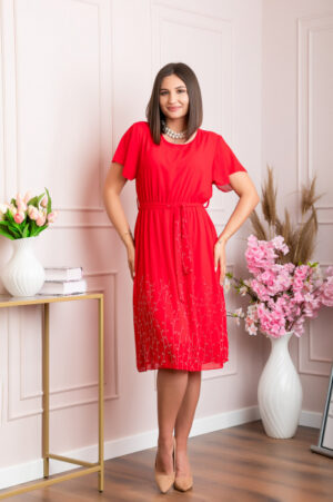 Rochie eleganta rosie Seraphine cu strasuri argintii