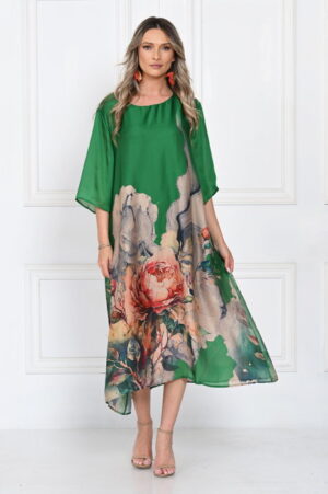 Rochie eleganta satinata A-line cu imprimeu floral artistic si croi lejer fluid
