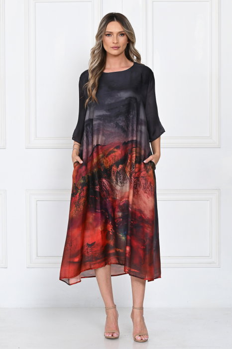 Rochie eleganta satinata A-line cu imprimeu artistic si croi lejer fluid