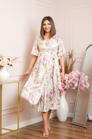 Rochie Emma petrecuta cu cordon in talie - Alb cu roz