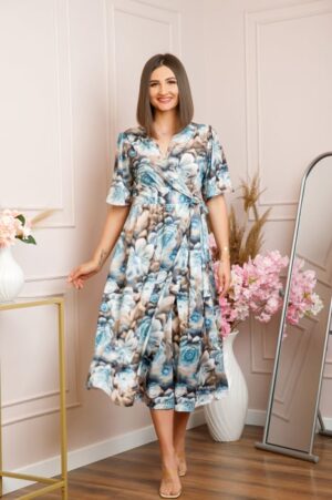 Rochie Emma petrecuta cu cordon in talie - Albastru cu maro