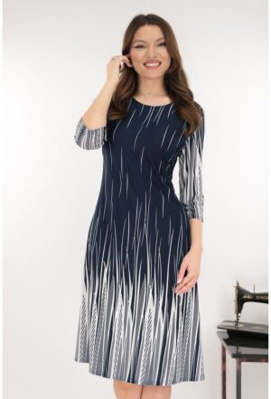Rochie evazata bleumarin cu imprimeu geometric la tiv