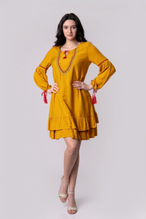 Rochie galben mustar boho chic cu volane si maneca lunga