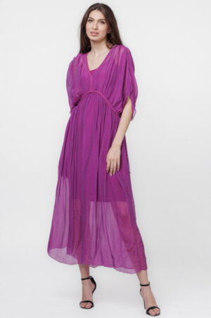Rochie Goddess din matase si vascoza cu snur impletit pe decolteu si talie