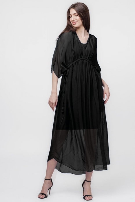 Rochie Goddess din matase si vascoza cu snur impletit pe decolteu si talie