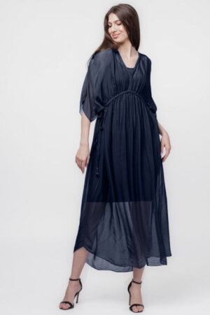 Rochie Goddess din matase si vascoza cu snur impletit pe decolteu si talie