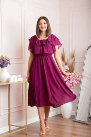 Rochie Joyce eleganta din voal cu volane - Magenta
