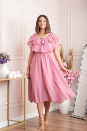 Rochie Joyce eleganta din voal cu volane - Roz pudrat