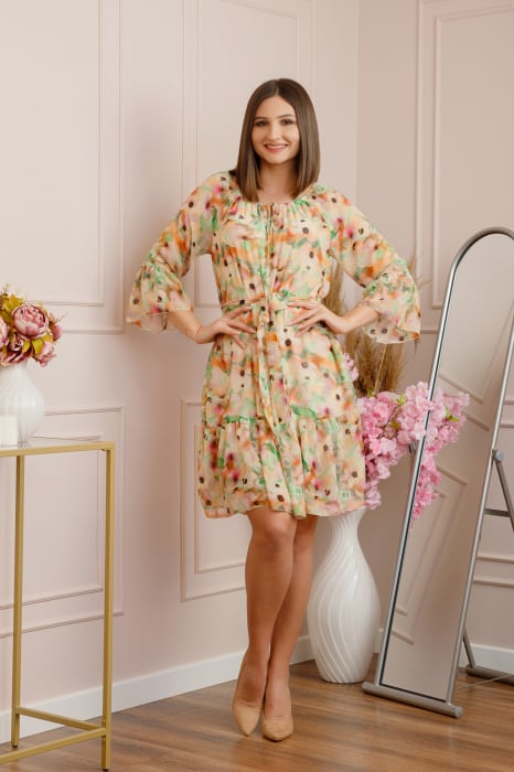 Rochie Juliette din voal cu volanase si imprimeu floral roz somon