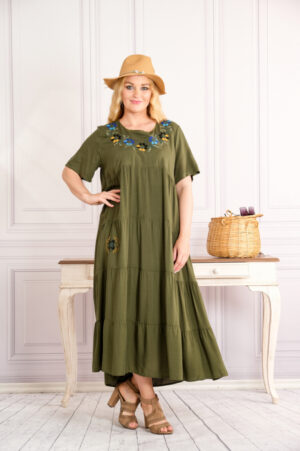Rochie kaki boho chic cu aplicatie florala pe bust