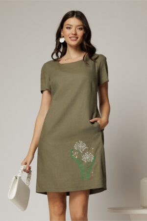 Rochie kaki din in cu flori brodate si croi drept