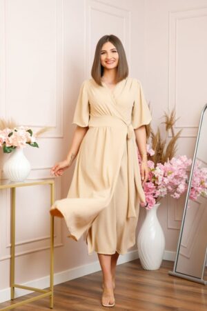 Rochie Lara petrecuta cu maneci scurte - Crem