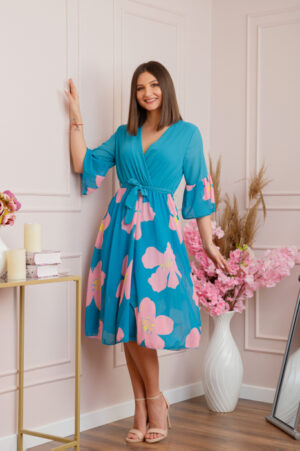 Rochie Lucy eleganta din voal cu imprimeuri florale - Turcoaz