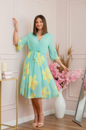 Rochie Lucy eleganta din voal cu imprimeuri florale - Verde mint
