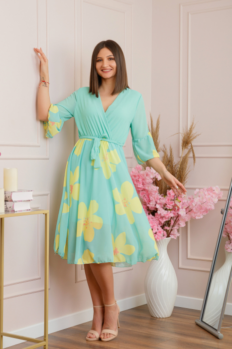 Rochie Lucy eleganta din voal cu imprimeuri florale - Verde mint