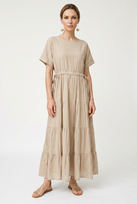 Rochie lunga din batist de bumbac cu talie subliniata