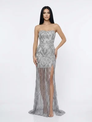 Rochie lunga din broderie gri cu slit pe picior si bust tip corset