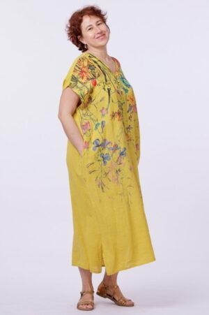 Rochie lunga din in cu imprimeu pictural floral si funda pe spate