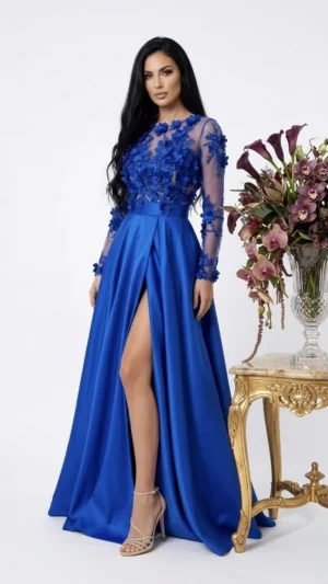 Rochie din tafta de culoare albastra cu broderie florala 3D