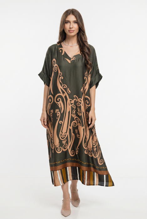 Rochie lunga oversize din vascoza si matase cu imprimeu baroc si croi lejer