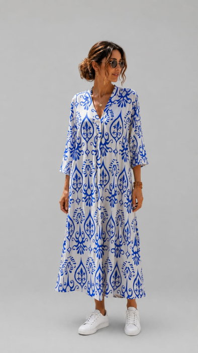 Rochie lunga vaporoasa cu imprimeu mediteranean