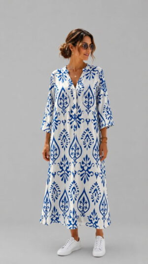 Rochie lunga vaporoasa cu imprimeu mediteranean
