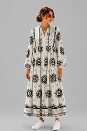 Rochie maxi din vascoza cu imprimeu solar si inspiratie boho