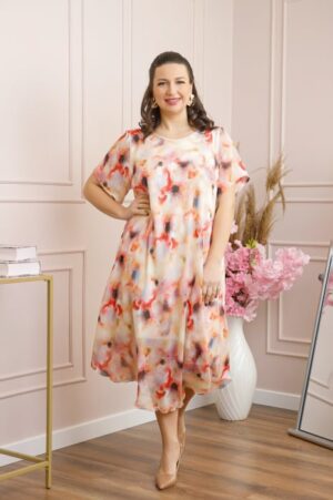 Rochie Margot din voal cu baza asimetrica si imprimeu abstract ivoire