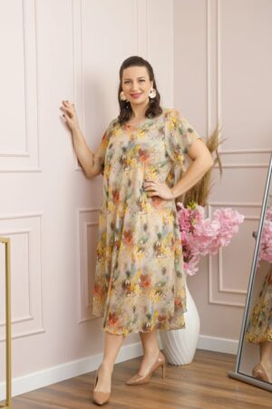 Rochie Margot din voal cu baza asimetrica si imprimeu floral bej
