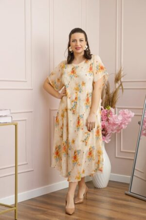 Rochie Margot din voal cu baza asimetrica si imprimeu floral crem