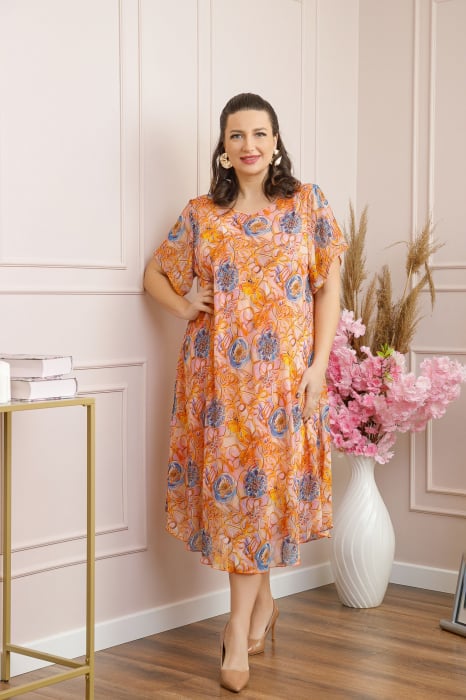 Rochie Margot din voal cu baza asimetrica si imprimeu floral orange