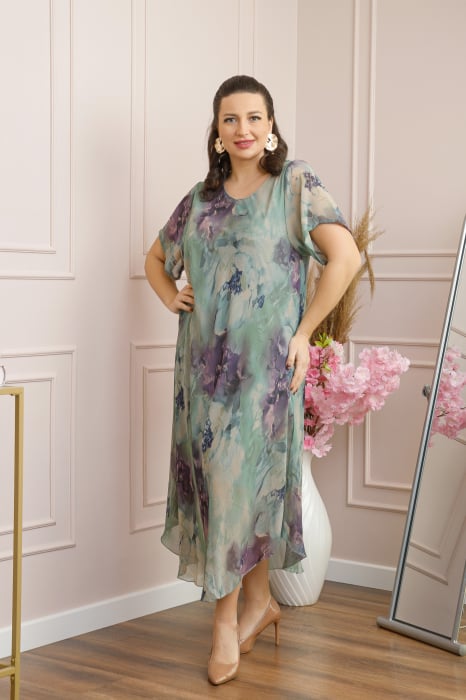 Rochie Margot din voal cu baza asimetrica si imprimeu floral verde pastel