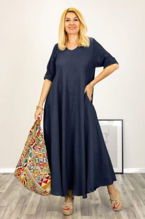 Rochie maxi din in foarte ampla bleumarin cu decolteu pe fata si spate