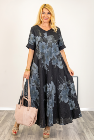 Rochie maxi din in foarte ampla cu imprimeu floral