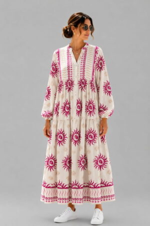 Rochie maxi din vascoza cu imprimeu solar si inspiratie boho