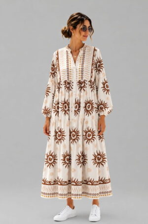 Rochie maxi din vascoza cu imprimeu solar si inspiratie boho