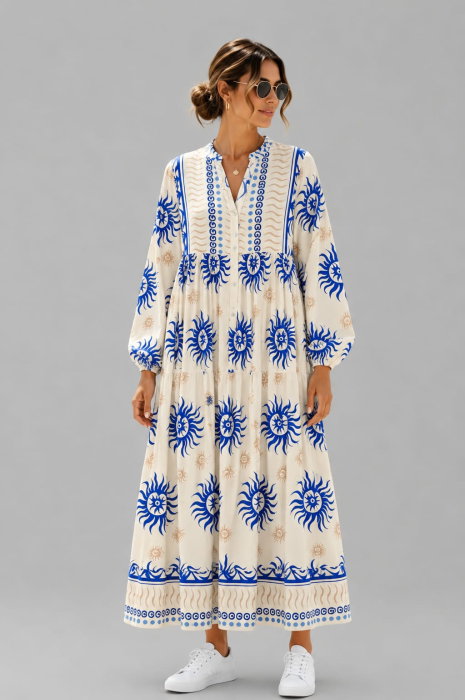 Rochie maxi din vascoza cu imprimeu solar si inspiratie boho