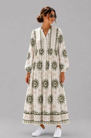 Rochie maxi din vascoza cu imprimeu solar si inspiratie boho