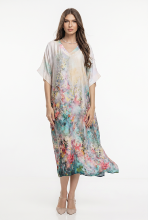 Rochie lunga oversize din vascoza cu imprimeu acuarela si croi lejer