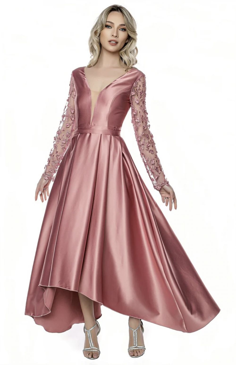 Rochie eleganta din tafta cu broderie 3D in partea superioara si decolteu in V
