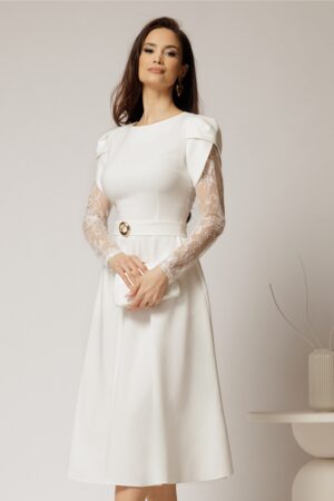 Rochie midi alba cu maneci din dantela si cordon detasabil