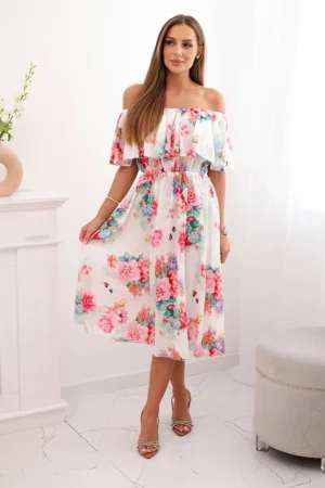 Rochie midi alba cu umeri goi si...