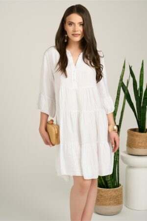 Rochie midi alba din tencel creponat cu croi tip A si nasturi la bust