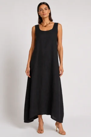 Rochie maxi din in cu  design arhitectural si efect balon