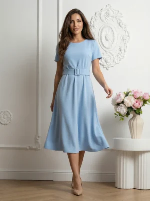 Rochie midi bleu din vascoza cu ...