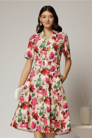 Rochie midi cu imprimeu floral in nuante de fucsia si bej